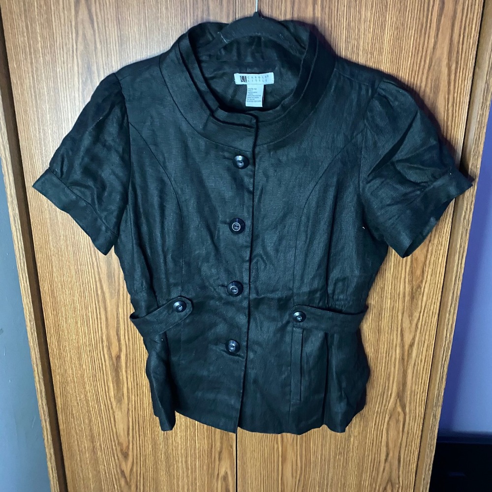 Carole Little Linen Jacket Womens Size M Black Short Sleeve Mock Neck Button Up